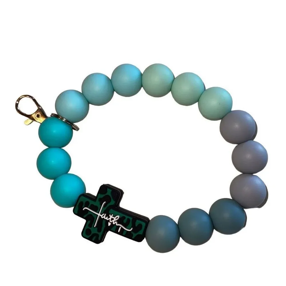 Keychain bracelet wristlet silicone beaded Faith Cross Christ Christian Leopard